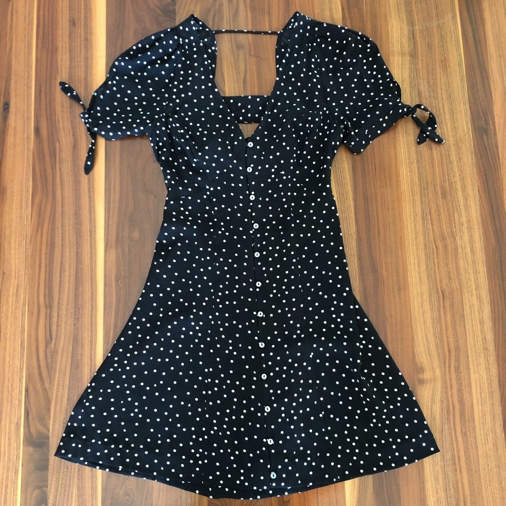 Retro XS/S‎ Black Fit Flare Dress Polka Dot & Stars Pinup Womens Woman
